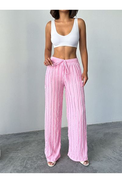 BE CHİC Women's High Waist Lace up Self Striped Detail Baggy Pants with Pockets Flawless Palazzo Pants Rd1105