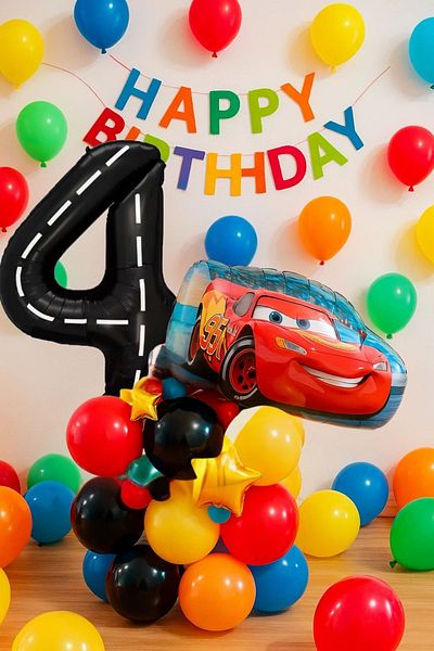 PARTİAVM 4 Years Old Cars Cars Lightning Mcqueen Race Car Concept Balloon Set Race Car Birthday Set