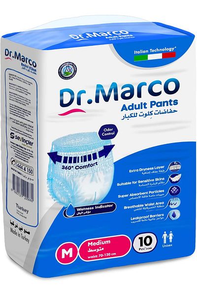 DR.MARCO حفاضات كبار السن من دكتور ماركو، 10 قطع، مقاس متوسط، سراويل داخلية مع مؤشر للبلل