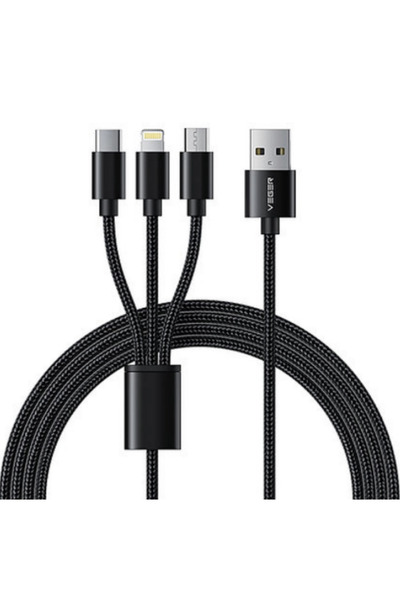Veger Cablu alimentare V303, impletit, 3 in 1 Lightning/Type-C/micro USB, negru, 1.5m
