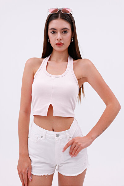 Sapientia Dashed Halter Neckline Front Slit Detail Women's Crop Blouse with Back Cutout