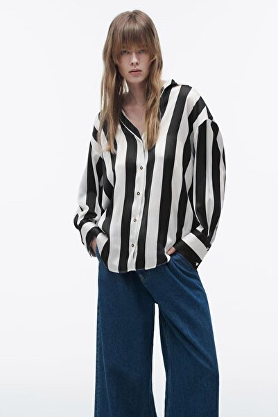 Seeh Μαύρο ριγέ γυναικείο πουκάμισο oversized SH266