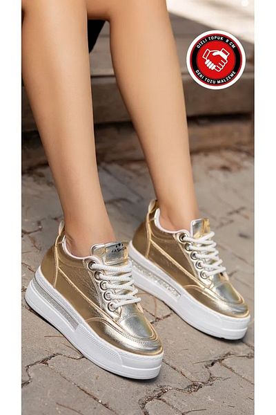 MERETTO By Akıl Bright Gold Orthopedic Hidden Heel Lacing Sole Stone Hidden Heel Leather Powder Sports Shoes Sneaker
