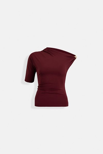 Black Fashion Accessory Detail Cutout Burgundy Blouse