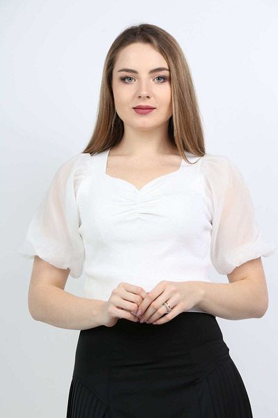 Nichii Classic Blouse with Sheer Sleeves
