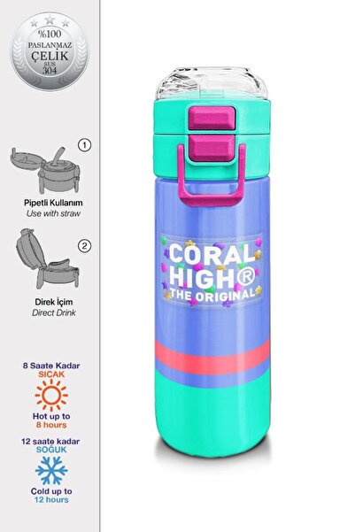 Coral High Kids Derin Mavi Renkli Pipetli ve Direkt İçim Çelik Termos 500 ml ...
