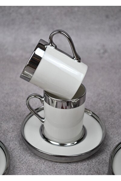 Qualitev 2 Person 4 Piece Porcelain Turkish Coffee Cup Set 110 ml Silver See