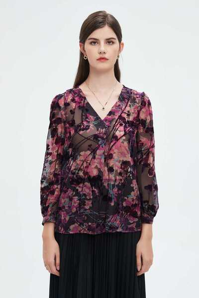 Nichii Long Sleeve Women's Floral Print V-Neck Blouse