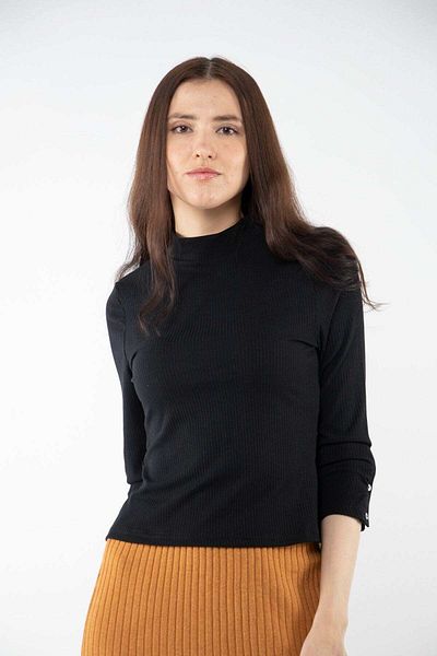 Nichii Women's High Neck Long Sleeve Solid Ribbed Blouse with Buttons