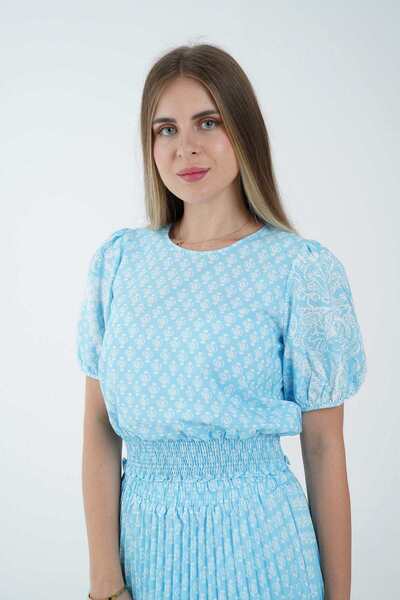 Nichii Short-Sleeve Printed Blouse with Elastic Waist