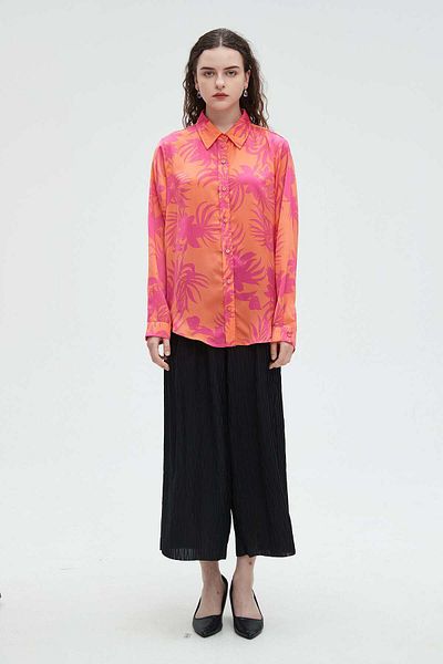 Nichii Women's Floral Print Long Sleeve Blouse with Patterned Collar