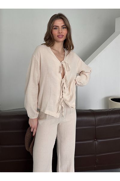 My Blog Set pantaloni bluză bej cu 3 legături - 8502