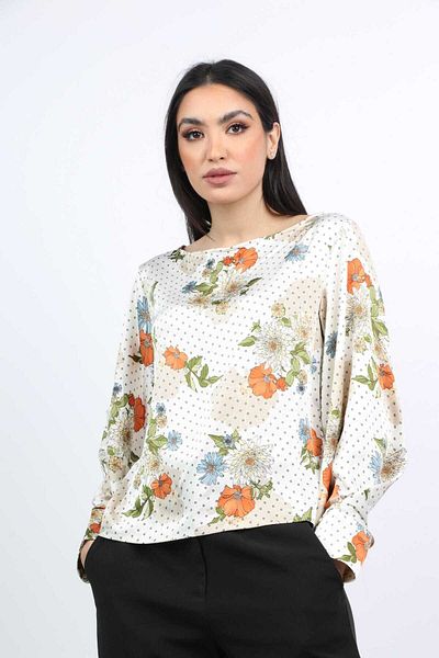 Nichii Women's Long Sleeve Wide Floral Satin Blouse