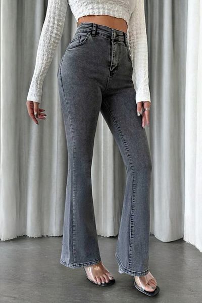 byhaziran butik Mara Smoked Non-Fading Lycra High Waist Denim Spanish Leg Jeans