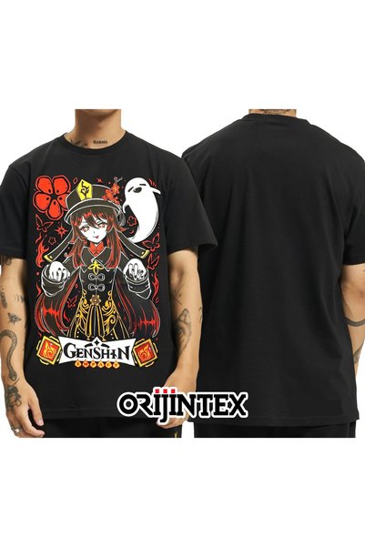 orijintex Genshin Impact Hu Tao Printed Unisex Black Tshirt