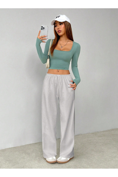 CAONNES Γυναικείο γκρι παντελόνι μεγάλου μεγέθους, φαρδιά γραμμή, άνετο ύφασμ...