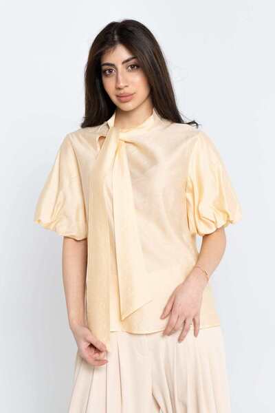 Nichii Women's Solid Half-Sleeve Blouse with Bow Tie Collar