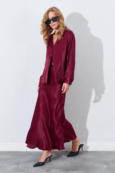 TENA Fusta lungă din satin burgundy de damă