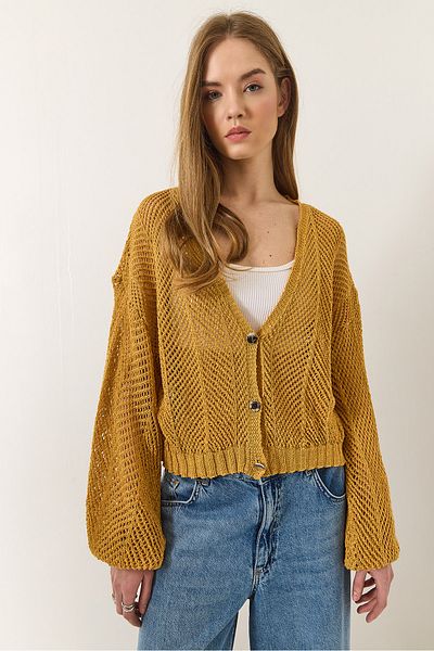 Bianco Lucci Women's Metal Buttoned Crop Openwork Cardigan