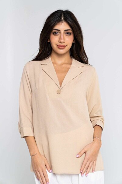 Nichii بلوزة نسائية بأكمام 3/4 وياقة واسعة وتصميم قميص