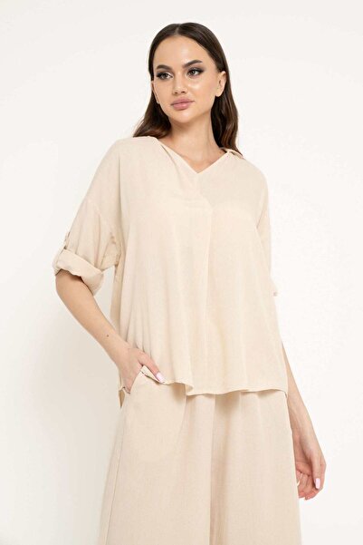 Nichii Women's Loose Solid V-Neck Long Sleeve Blouse