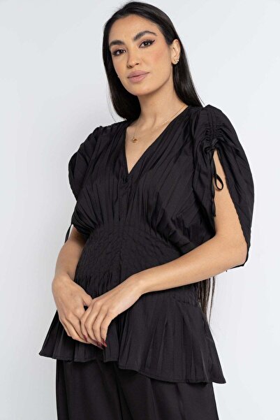 Nichii Short Sleeve Tie-Front Blouse with Pleats