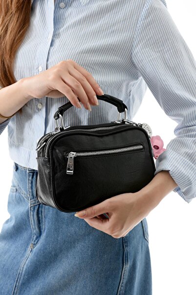 571 Collections Çanta Two Function Metal Press Faux Leather Shoulder, Hand Bag Black (Model: 571-13-17H)