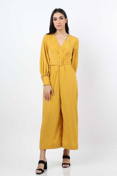 Nichii Women's Belted Jumpsuit with Puffed Sleeves and Wide-Leg Pants