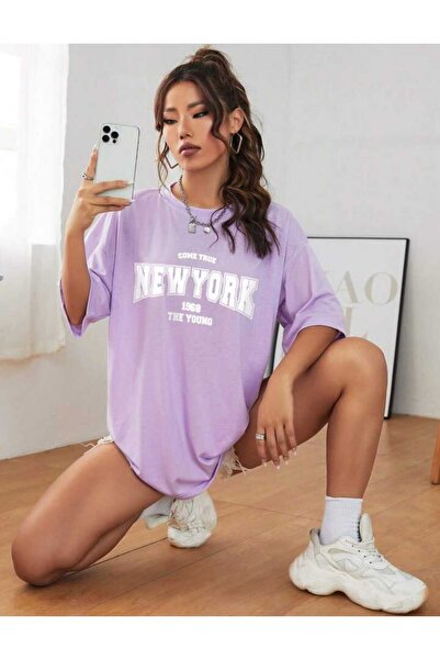 Harajuku Style Μωβ Νέα Υόρκη Τυπωμένο Oversize Unisex