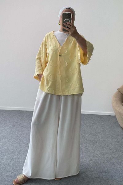 Hatun Atila Textured V-Neck Single Button Jacket 8877 - Yellow