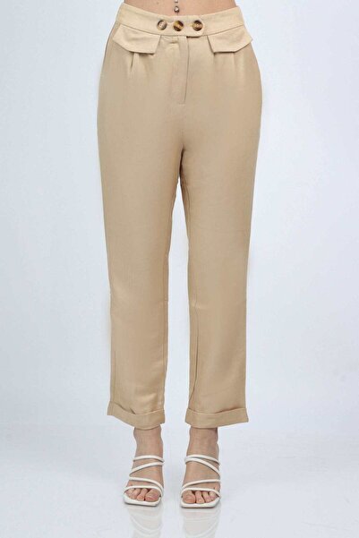 Nichii بنطلون نسائي طويل بسحاب مع جيوب وتفاصيل أزرار عند الخصر