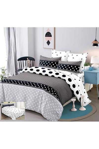 Primavara Bed Linen, Finet Cotton, Double Bed, 6 Pieces, Gray with Polka Dots