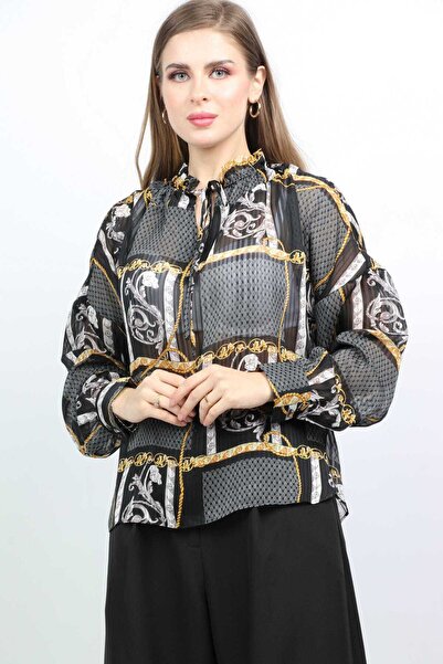Nichii Women's Long Sleeve Flared Chiffon Printed Blouse