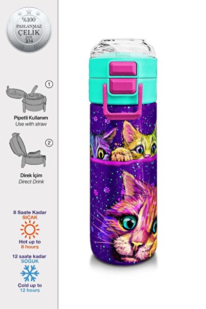 Coral High Kids Mor Pembe Kedi Desenli Pipetli ve Direkt İçim Çelik Termos 50...