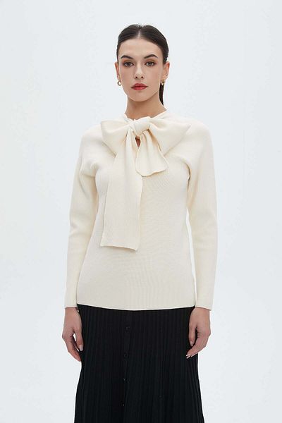 Nichii Women's Solid Long Sleeve Blouse with Neck Bow