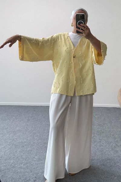 Hatun Atila Textured V-Neck Single Button Jacket 8877 - Yellow