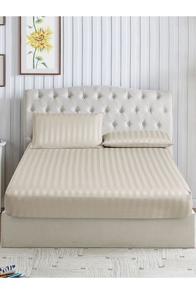 Donetella Striped Fitted Sheet Set 150x200 cm Queen – 1 Fitted Sheet + 2 Pillowcases, 30cm Deep