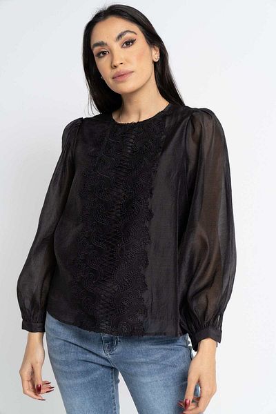 Nichii Women's Long Sleeve Sheer Blouse with Embroidery on the Chest