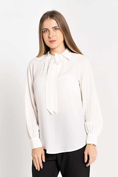 Nichii قميص نسائي سادة بأكمام طويلة وياقة وربطة عنق