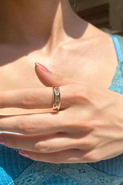 Spossy Silver Jewelry Pembe Badem Taşlı Yüzük