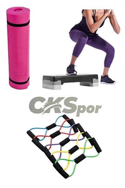 CKSpor Fitness Set Step Tahtası + Pilates Direnç Bandı + 10 mm Kalın Spor Matı Seti – Evde Spor İçin İdeal
