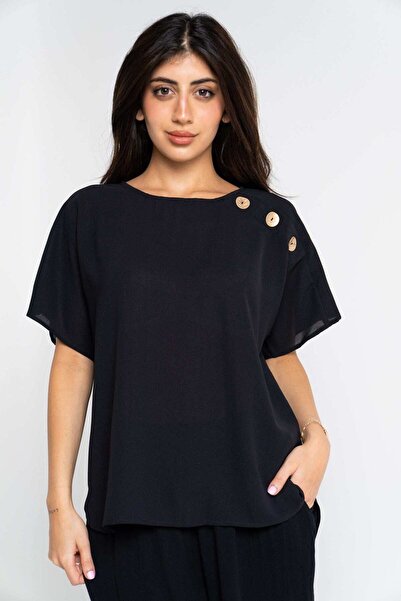 Nichii Solid Blouse with Shoulder Buttons and Short Sleeves