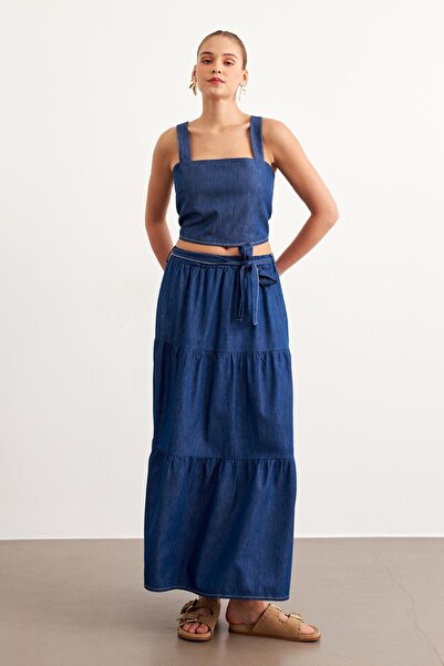 LEVURE تنورة دينيم طويلة بحزام RINS WASHING