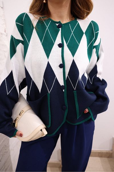 My Blog Navy Blue Diamond Patterned Double Pocket Cardigan - 231019