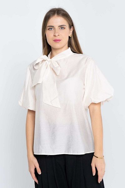 Nichii Women's Solid Half-Sleeve Blouse with Bow Tie Collar