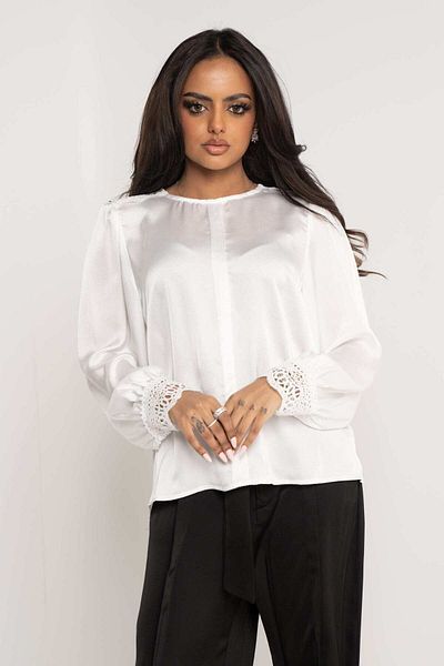 Nichii Solid Long Sleeve Blouse with Lace Cuffs