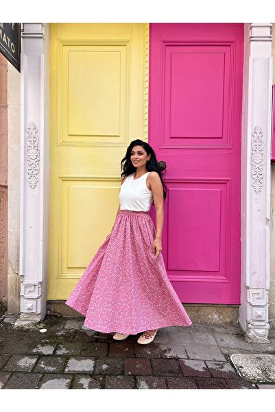 KÜÇÜĞÜM BUTİK Pink Crispy Floral Poplin Flared Skirt