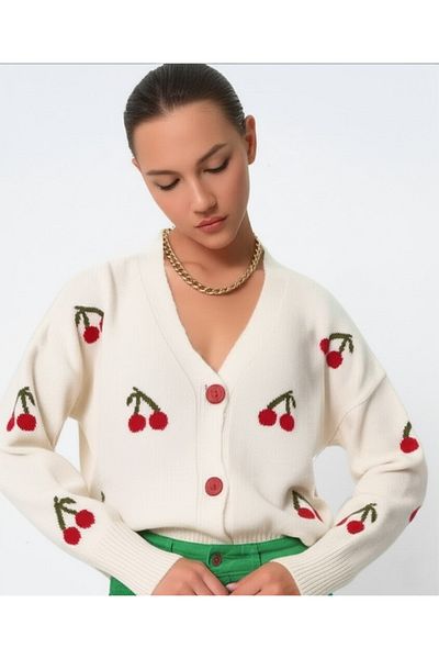 FLEX FASHION Women's Trend Popular Cherry Detail Ecru Knitwear Cardigan