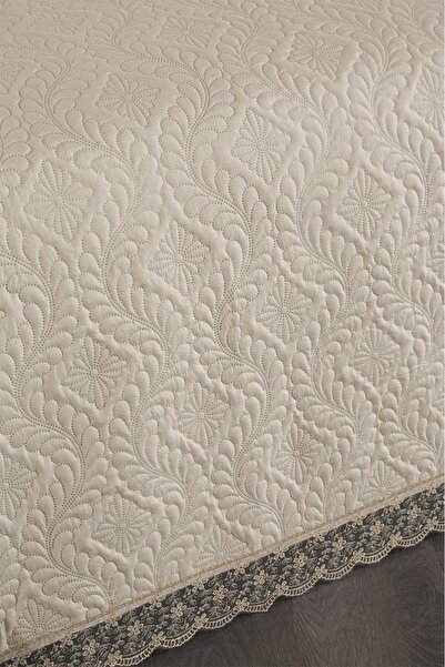 Çeyiz Diyarı Zoya Dantelli Kapitoneli Ultrasonik Çift Kişilik Yatak Örtüsü Bej