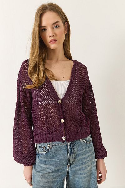 Bianco Lucci Women's Metal Buttoned Crop Openwork Cardigan
